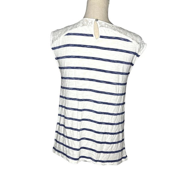 Skies Are Blue White Blue Stripe Sleeveless Lace Yoke Round Neck Top Size XS - Picture 3 of 6